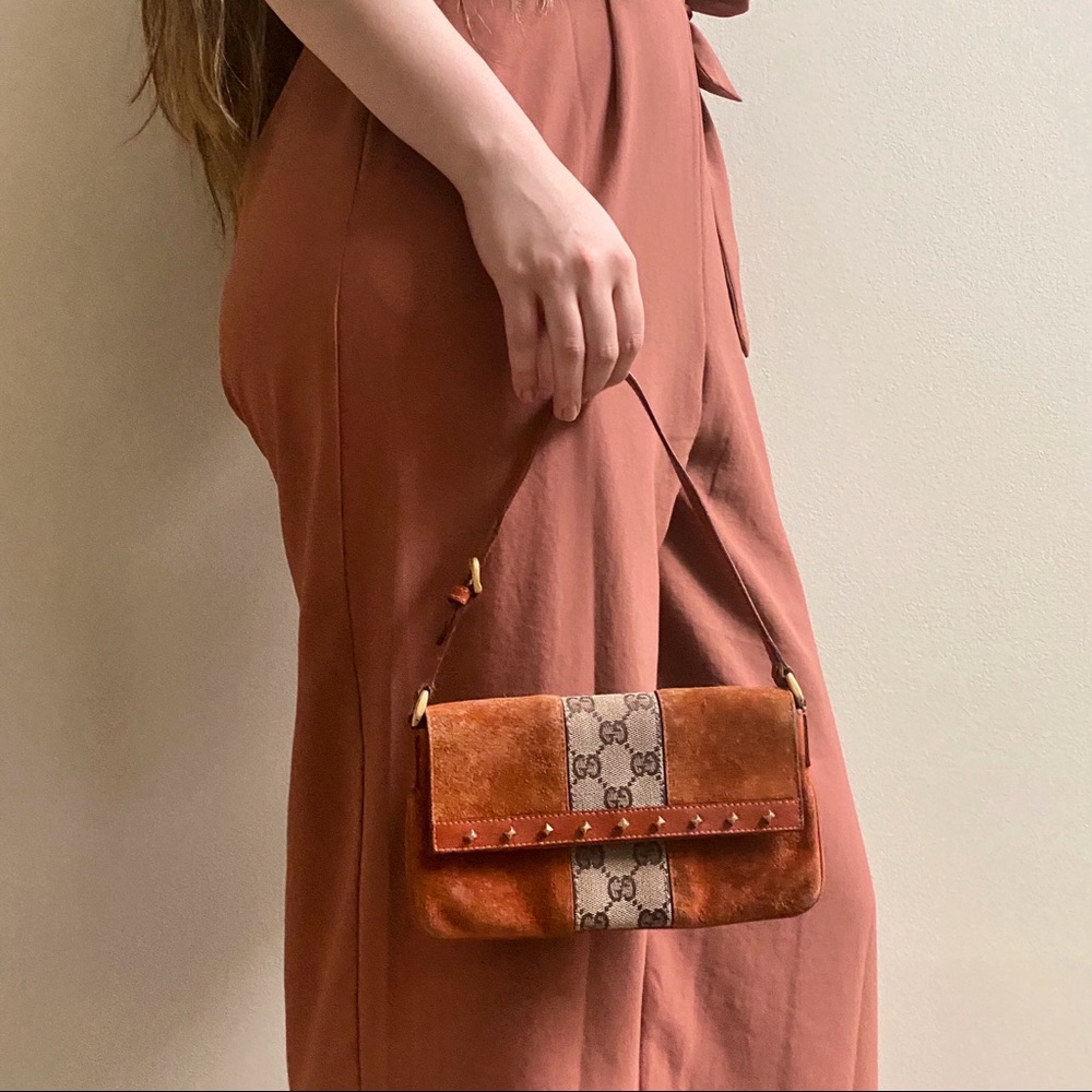 SOLD Gucci Monogram and Orange Suede Pochette - Picture 1 of 10